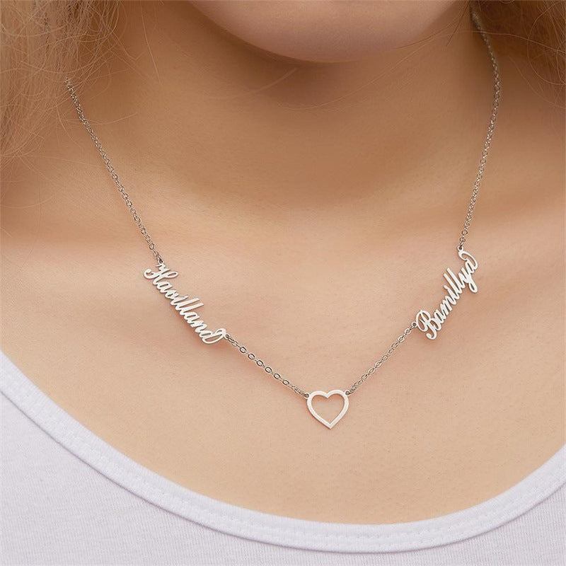 Popular jewelry: personalized two-name English hollow heart necklace, perfect gift for her or your girlfriend.