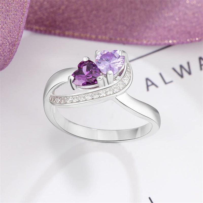 Explosive inlaid heart-shaped birthstone heart-to-heart engraved name husband and wife couple ring