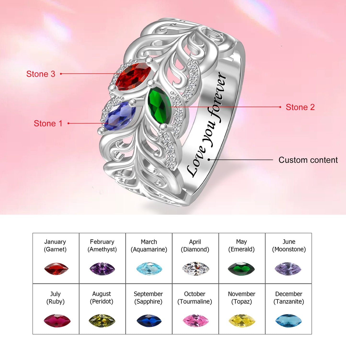 Marquise 12 birthstone name ring, custom engraving available. Perfect birthday gift