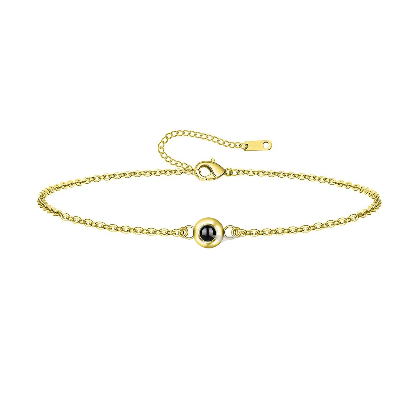 Nano projection stone bracelet featuring "I love you" in 100 languages, customizable with photo engraving.