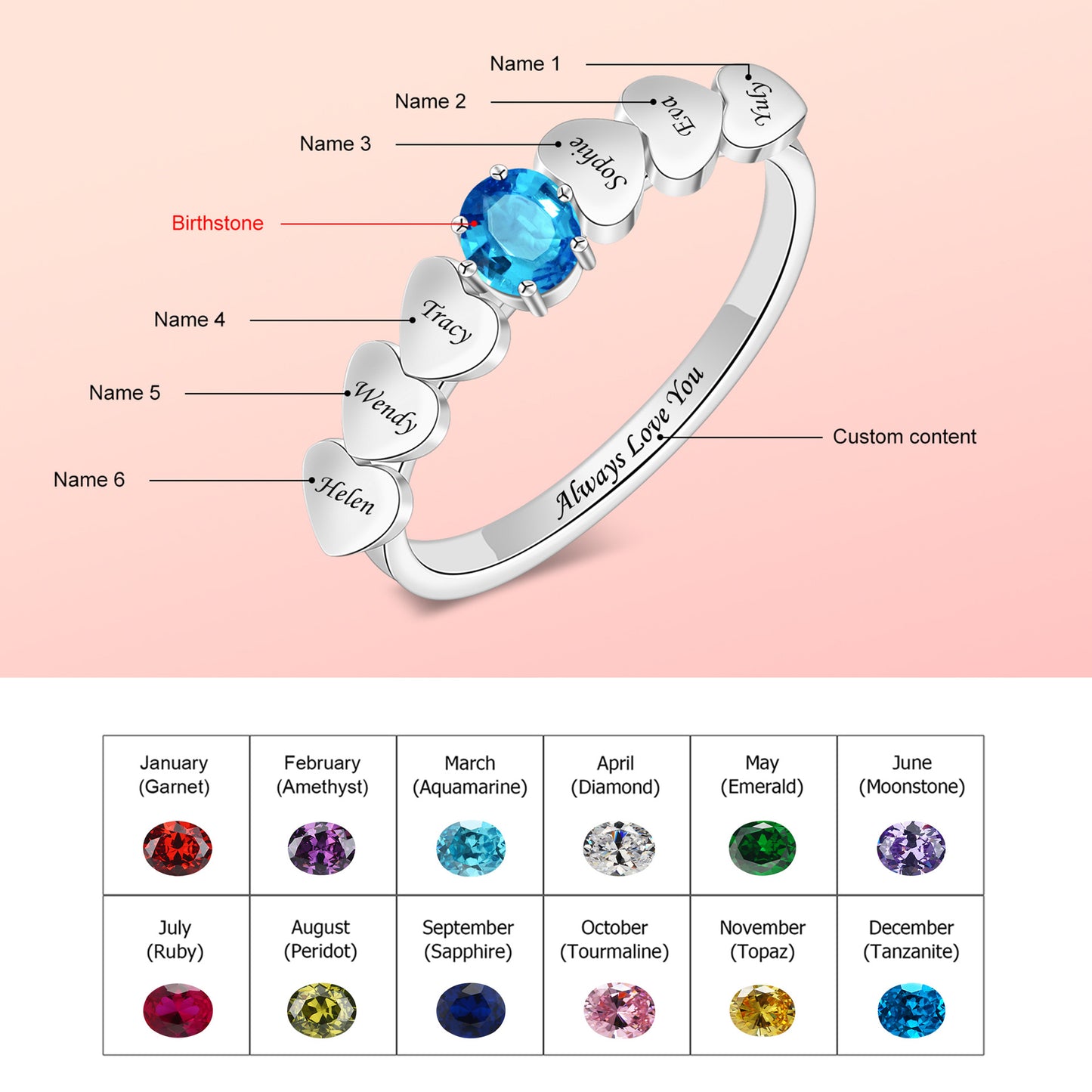 S925 sterling silver name ring 12 kinds of birthstone engraved bracelet jewelry manufacturer