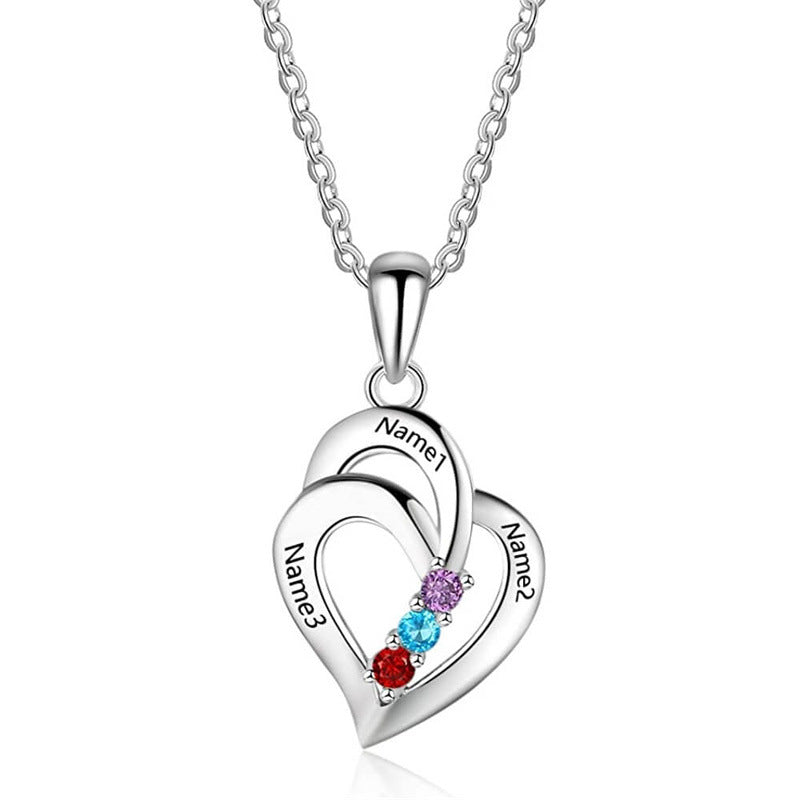 S925 sterling silver heart-shaped personalized name necklace with custom engraving and stone accents. Simple, elegant design perfect for gifts or daily wear.