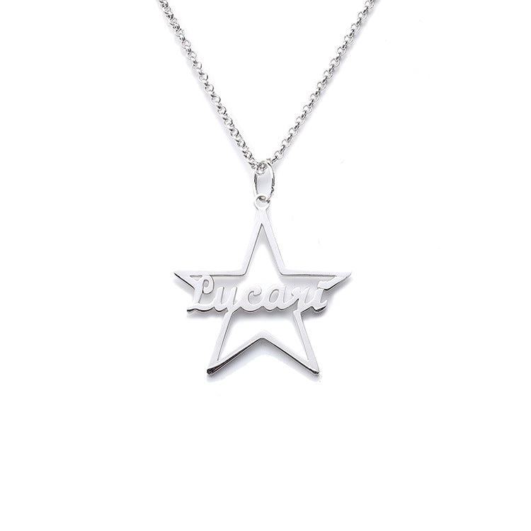Star-shaped personalized name necklace pendant in silver, trendy design for custom wholesale.