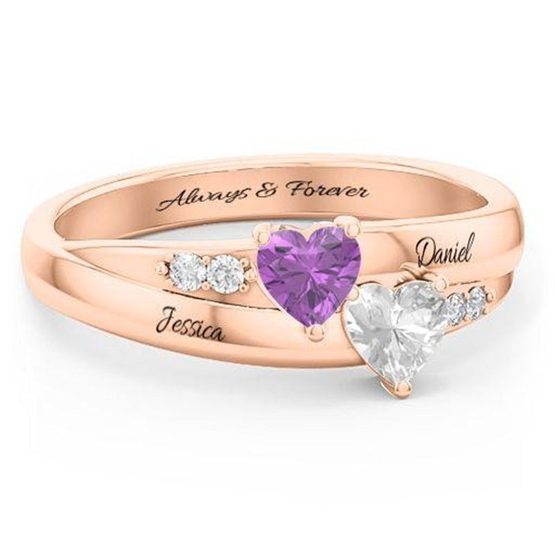 Popular inlaid two birthstones lettering ring Valentine's Day gift