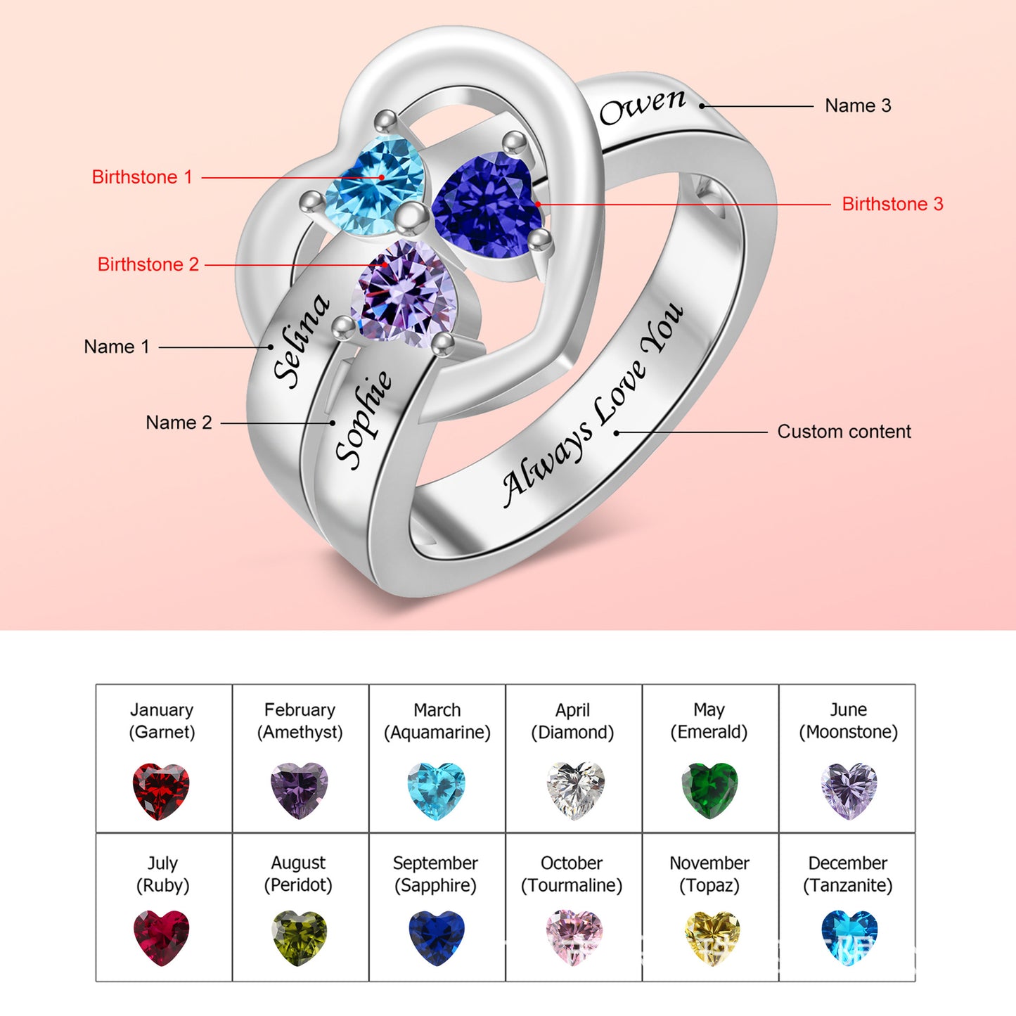 Hot-selling S925 birthstone engraving ring name content birthday gift for girlfriend