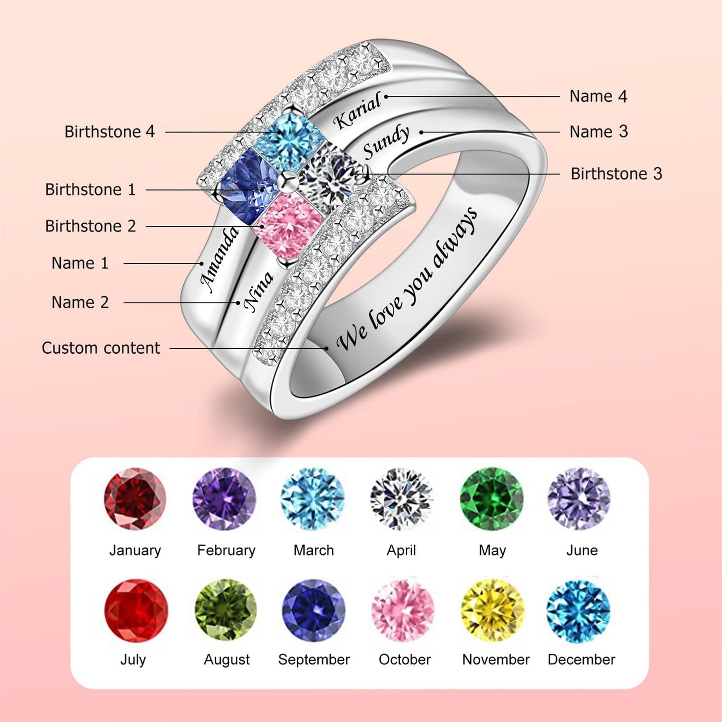 S925 silver personalized birthday stone ring engraving name 12 birthday stone jewelry birthday gift
