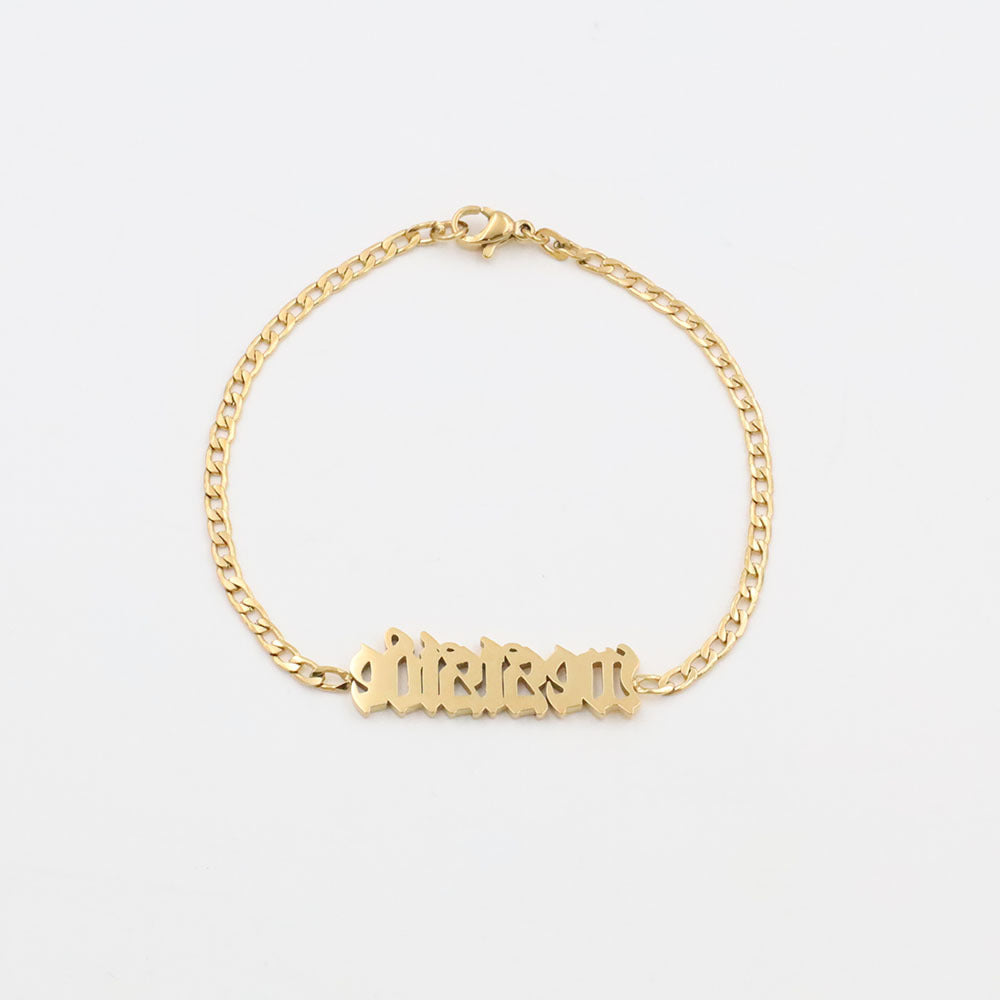 Trendy luxury titanium steel anklet for girls with Gothic-style English letter pendant.