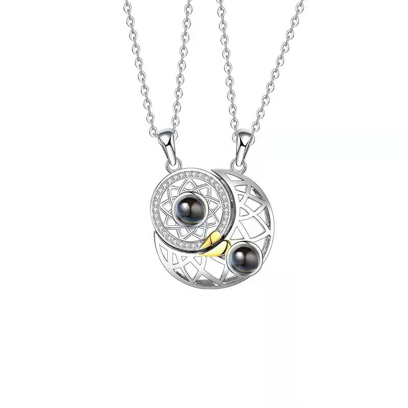 New Sun & Moon Projection Necklace, 100 Languages "I Love You" Custom Couple Necklace with Photo & Engraving.