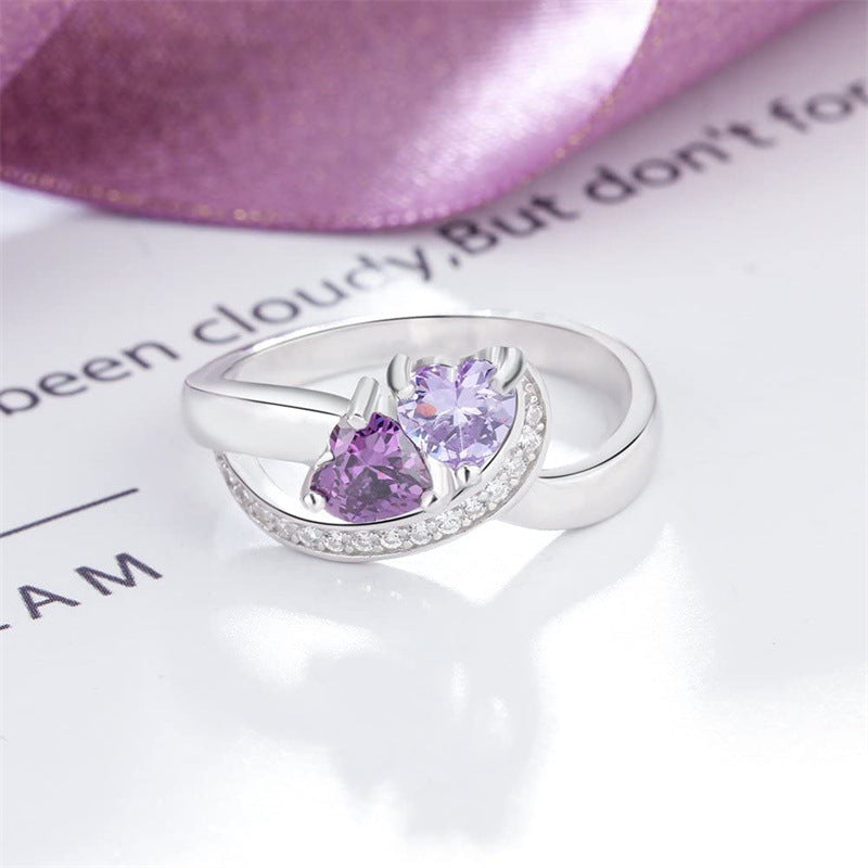 Explosive inlaid heart-shaped birthstone heart-to-heart engraved name husband and wife couple ring