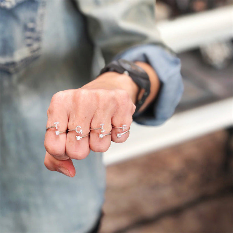 Explosive 26 capital initial letters inlaid round zircon opening adjustable ring