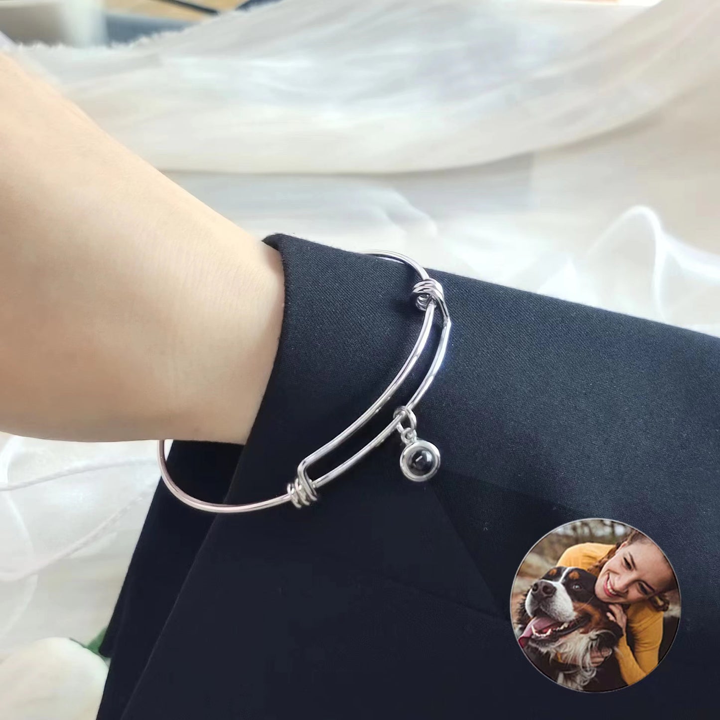 New adjustable stainless steel bangle with custom photo projection. Personalized titanium bracelet.