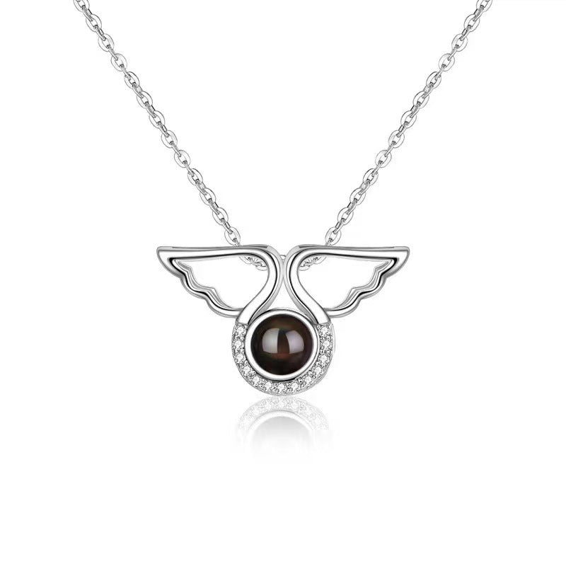 Customized angel wings projection necklace with 100 languages "I love you" and colorful photo.