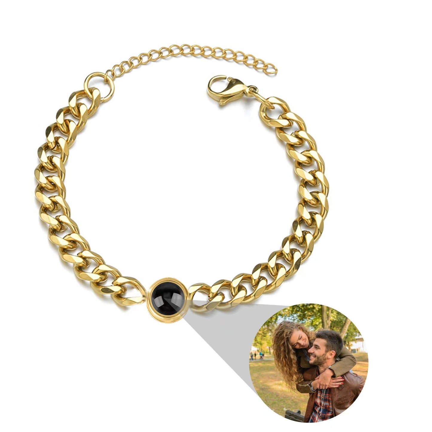 Custom couple's projection bracelet with text and photo. Made of titanium steel, perfect for Valentine's or birthday gifts.