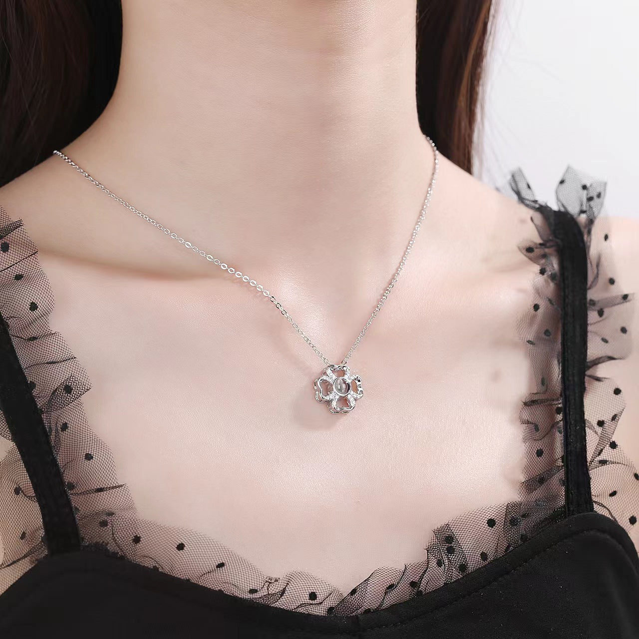 100 Languages "I Love You" Projection Necklace with custom photo and text. TikTok-inspired design.
