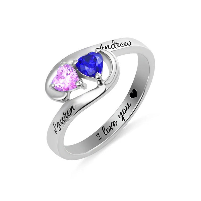 Classic inlaid with two heart-shaped zircon lettering 925 silver ring holiday gift