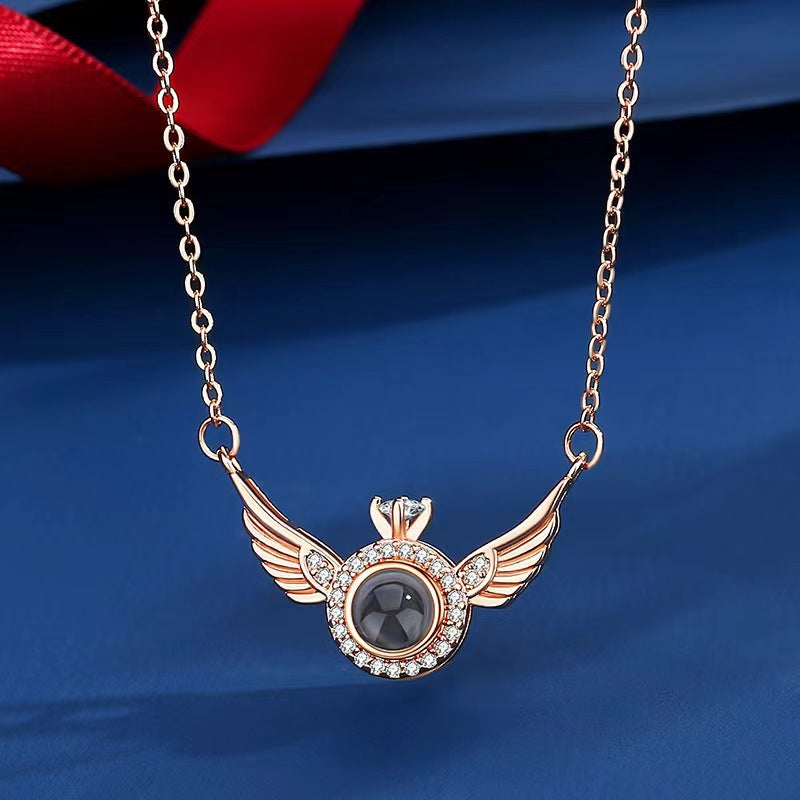 Angel Wings Projection Pendant with 100 Languages, Crown Design, and Custom Photo Necklace.