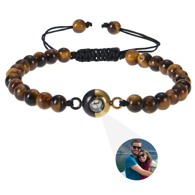 Custom 6mm Tiger Eye Photo Projection Bracelet with natural stones. Personalize with your image for a unique, dual-tone accessory. Great for gifts.