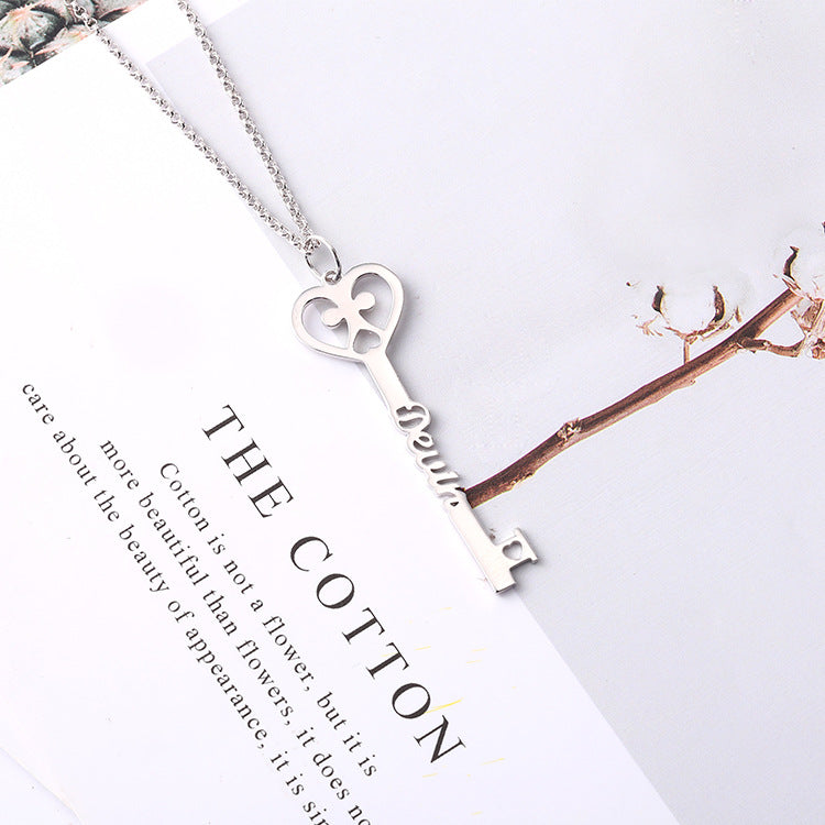 Custom name letter key necklace pendant in silver. Fashionable personalized design, ideal for wholesale from the manufacturer.