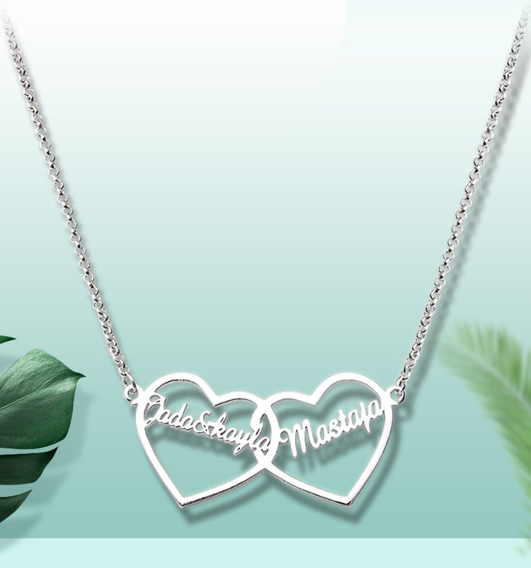 Fashion ins personalized double heart letter English name necklace pendant collarbone silver jewelry