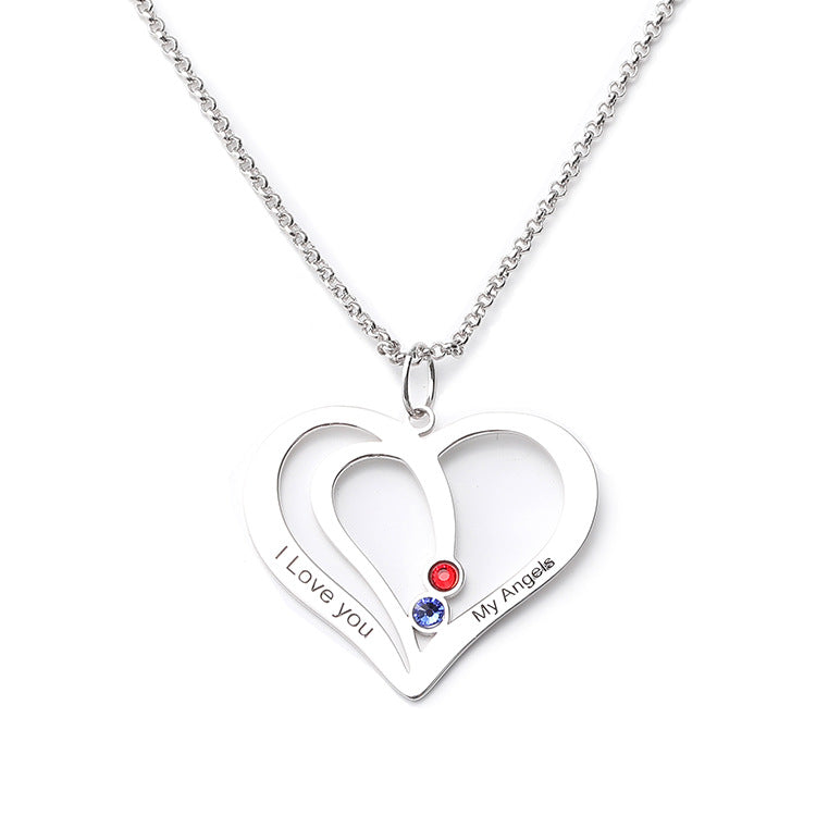 Fashion, lettering geometric heart-shaped birthstone necklace pendant collarbone silver jewelry