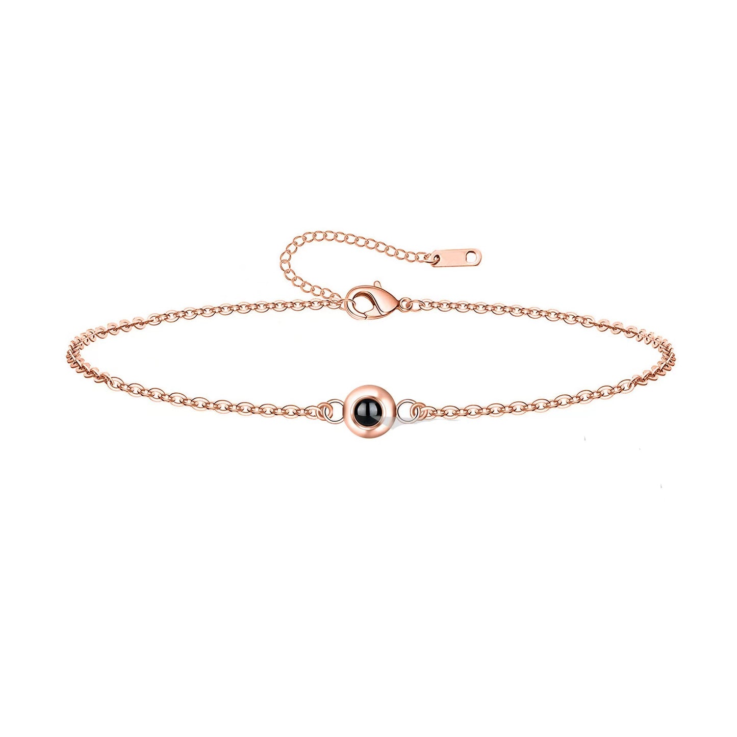 Nano projection stone bracelet featuring "I love you" in 100 languages, customizable with photo engraving.