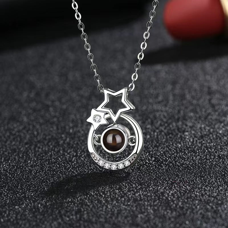"I Love You" Necklace in 100 Languages with Nano Projection, Custom Photo, Text, Star & Moon Pendant.