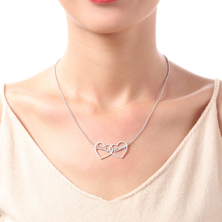 Fashion ins personalized double heart letter English name necklace pendant collarbone silver jewelry