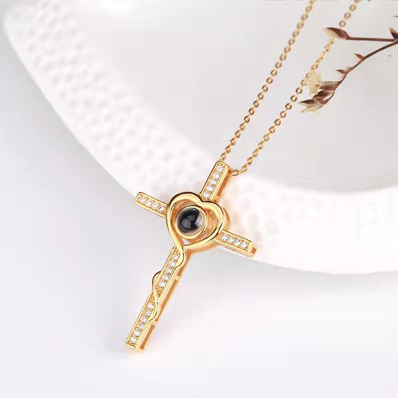 "Custom Cross Projection Necklace – Displays 'I Love You' in 100 Languages with Personalized Photo, Stylish Korean Design."