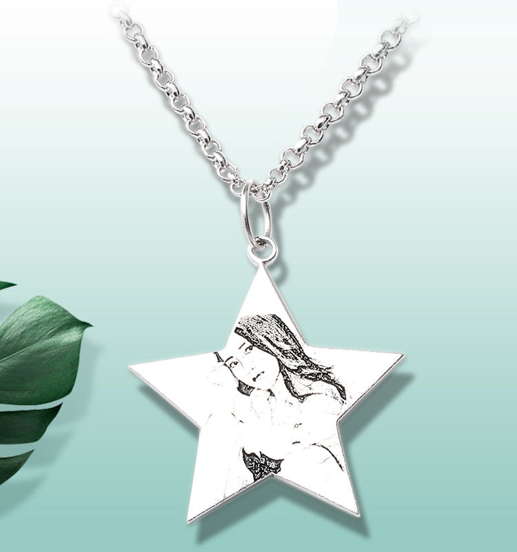 Fashion ins new star-shaped character shadow engraved necklace pendant collarbone silver jewelry