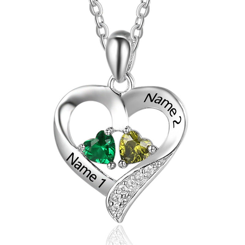 Popular Personalized Name Engraved S925 Silver Heart Pendant Necklace with Two Birthstones – Style