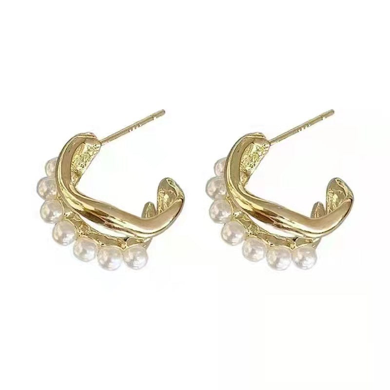 Minimalist geometric earrings for women, 2022 trend, faux pearl studs with 925 silver posts, unique design.