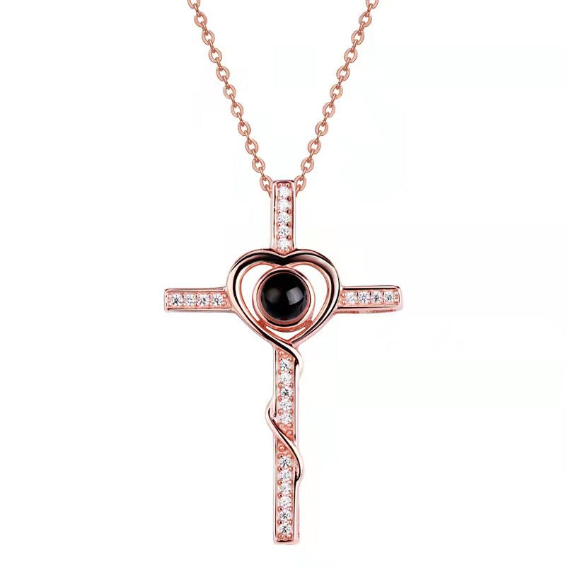 "Custom Cross Projection Necklace – Displays 'I Love You' in 100 Languages with Personalized Photo, Stylish Korean Design."