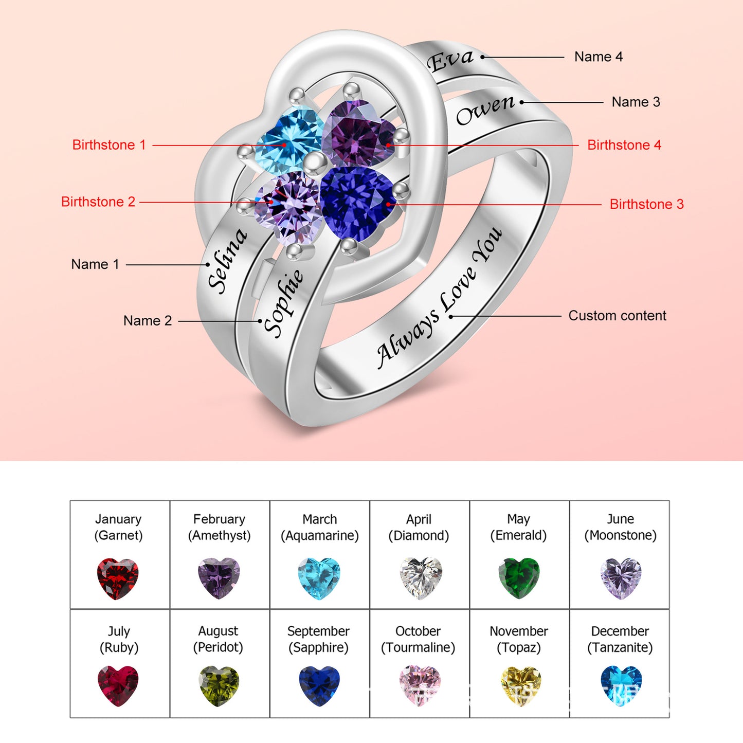 Hot-selling S925 birthstone engraving ring name content birthday gift for girlfriend
