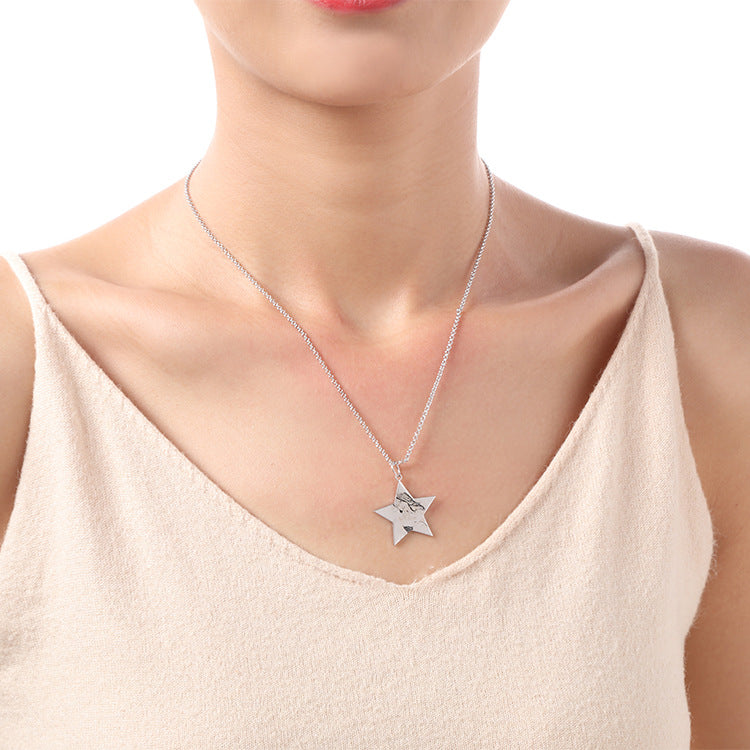 Fashion ins new star-shaped character shadow engraved necklace pendant collarbone silver jewelry