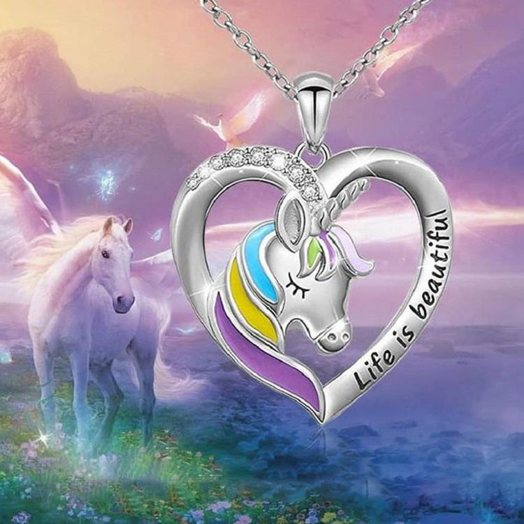 Factory direct sale of fashion unicorn necklaces with custom engraved peach heart pendants. Perfect for personalized jewelry lovers.