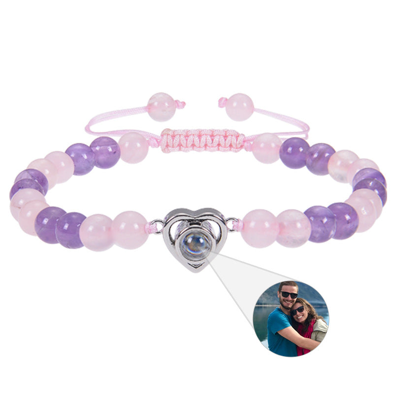 6mm black magnetic stone custom photo bracelet with matte finish and heart pendant projection.