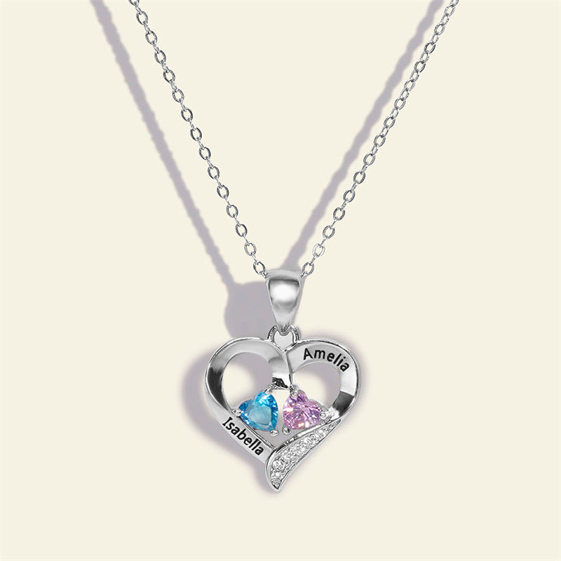 Popular Personalized Name Engraved S925 Silver Heart Pendant Necklace with Two Birthstones – Style