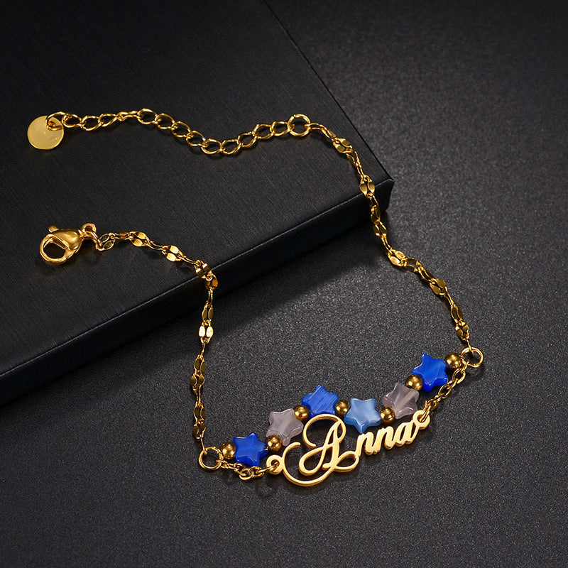 Fashion new titanium steel DIY letter bracelet personality cat's eye stone five-pointed star double-layer stacking jewelry wholesale
