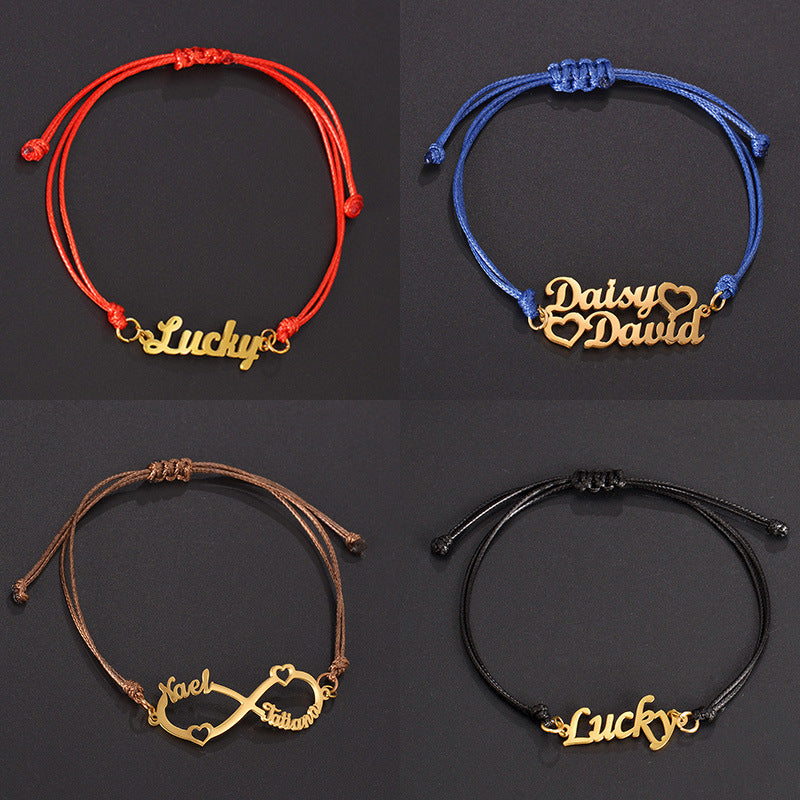 Custom stainless steel name bracelet with adjustable cord. Perfect for couples with personalized letter design.