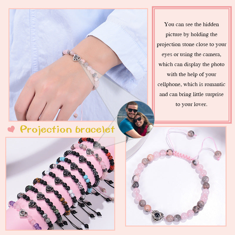 6mm black magnetic stone custom photo bracelet with matte finish and heart pendant projection.