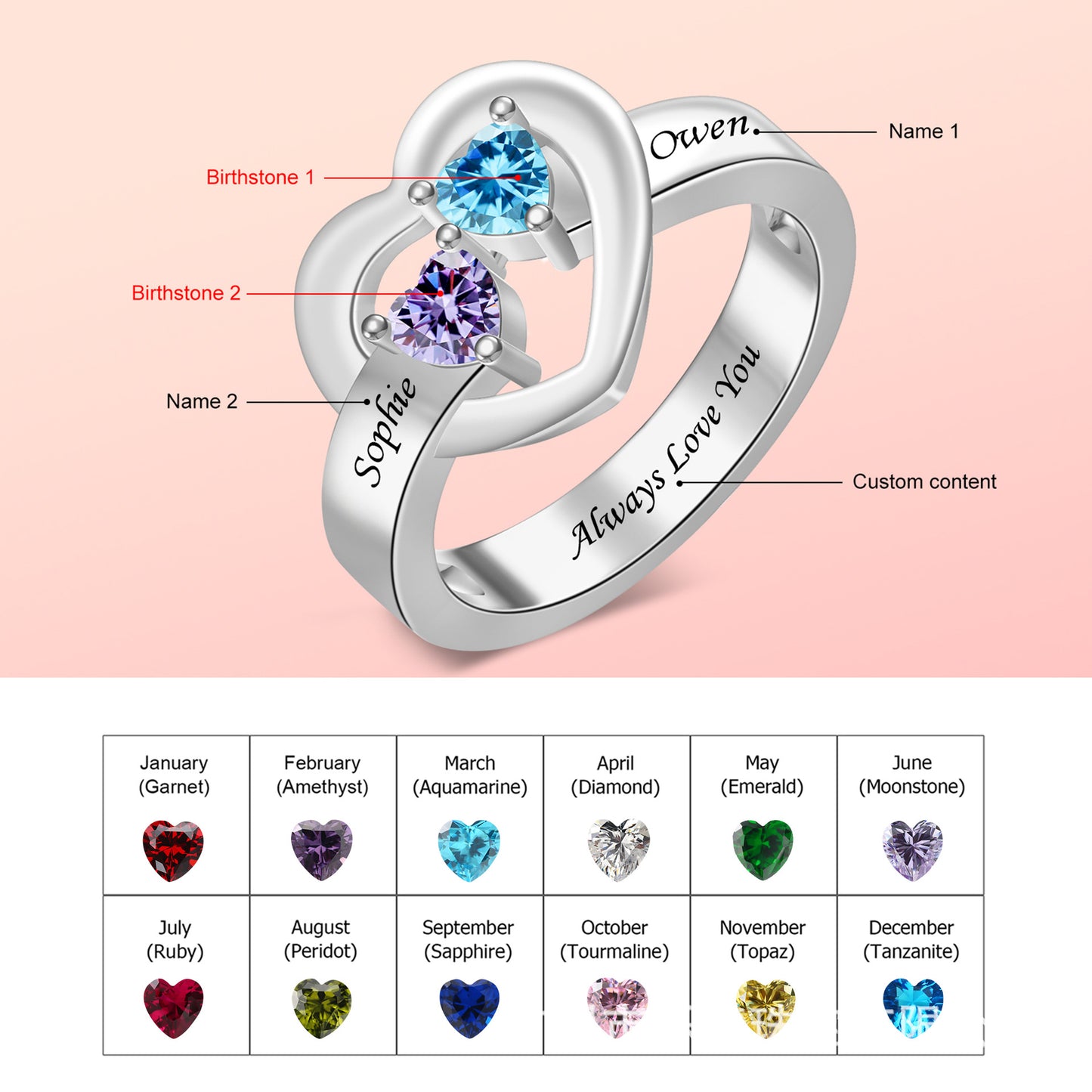 Hot-selling S925 birthstone engraving ring name content birthday gift for girlfriend