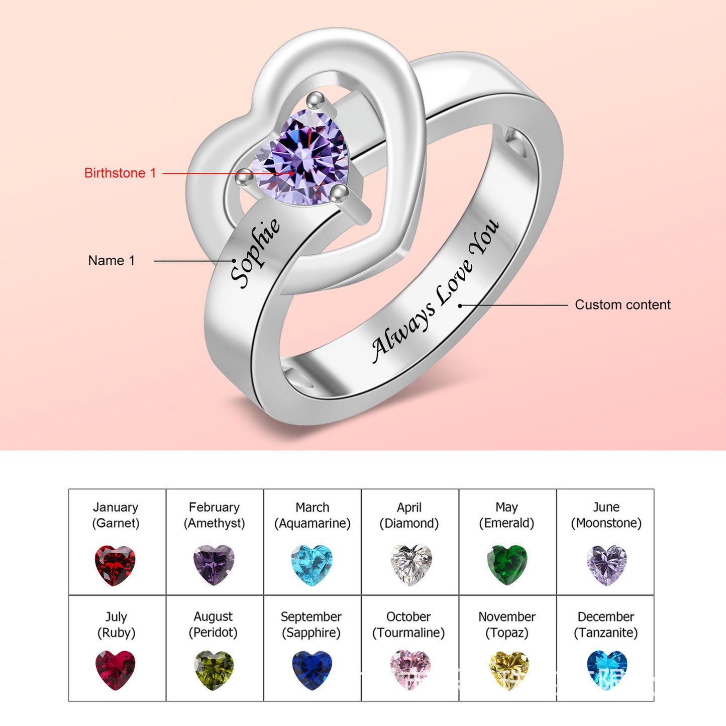 Hot-selling S925 birthstone engraving ring name content birthday gift for girlfriend