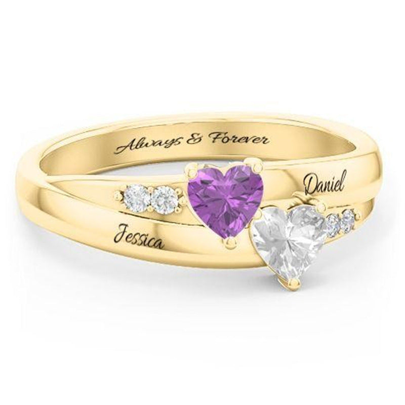Popular inlaid two birthstones lettering ring Valentine's Day gift