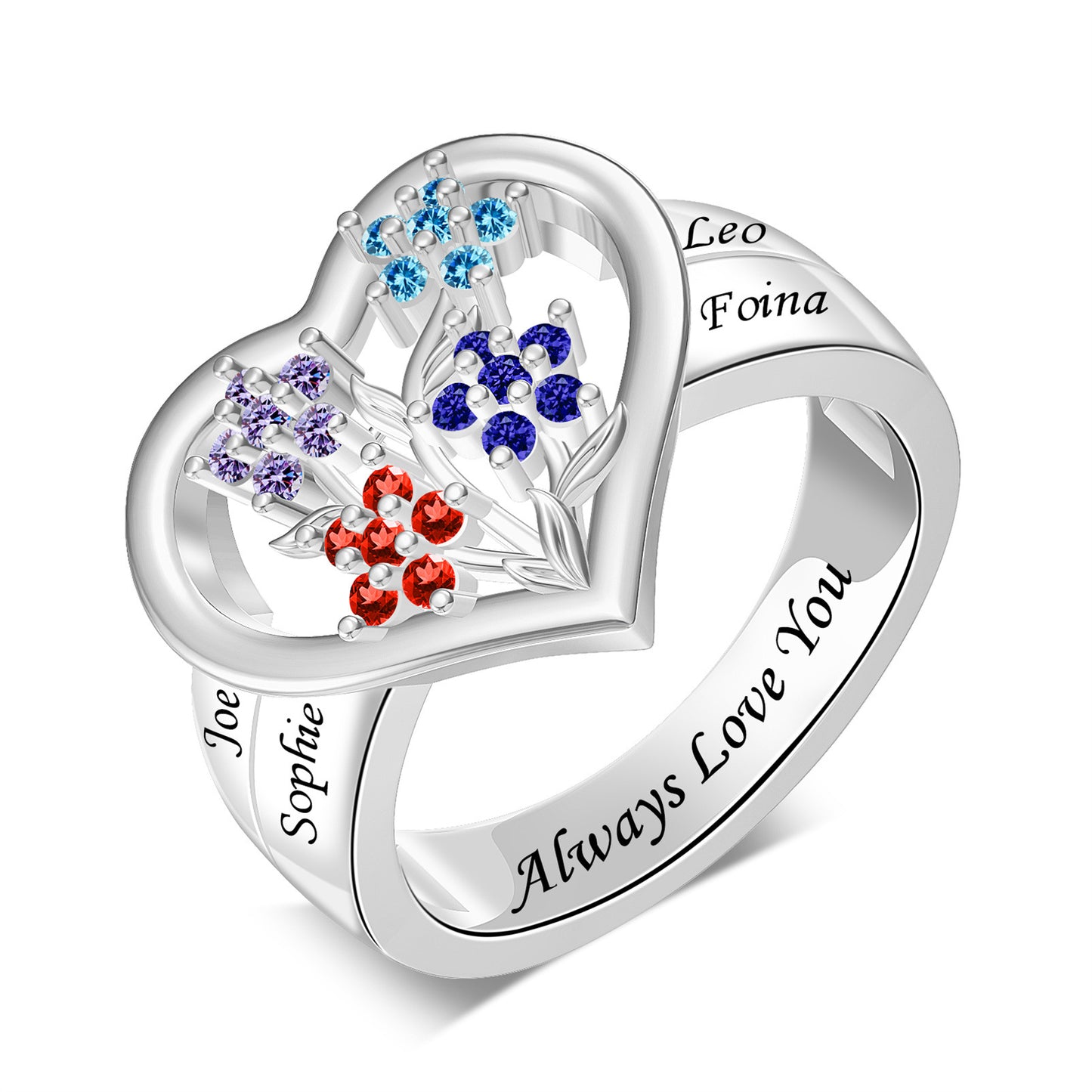 S925 Sterling Silver 1-8 Name 12 Birthstone Custom Engraved Ring Birthday Gift