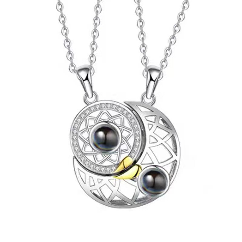 New Sun & Moon Projection Necklace, 100 Languages "I Love You" Custom Couple Necklace with Photo & Engraving.