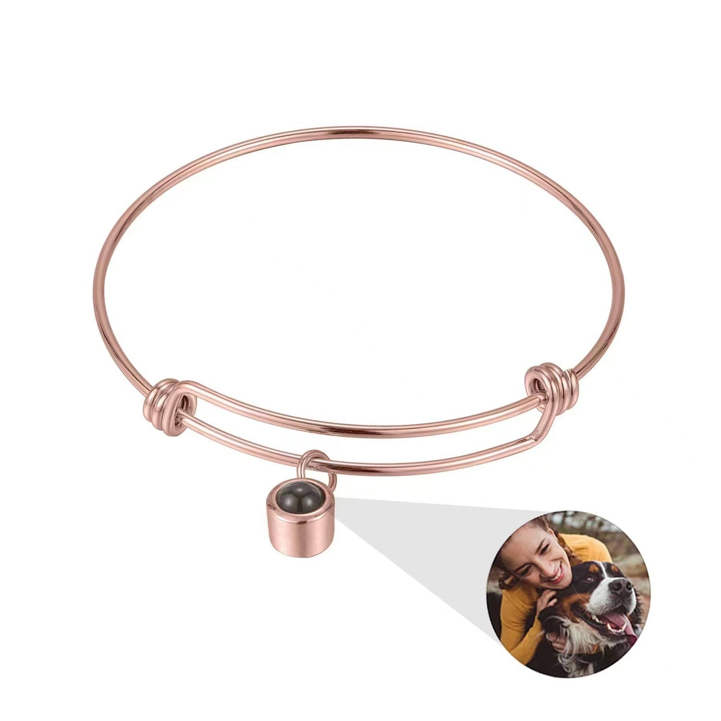 New adjustable stainless steel bangle with custom photo projection. Personalized titanium bracelet.
