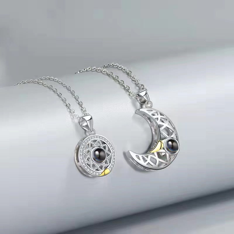 New Sun & Moon Projection Necklace, 100 Languages "I Love You" Custom Couple Necklace with Photo & Engraving.