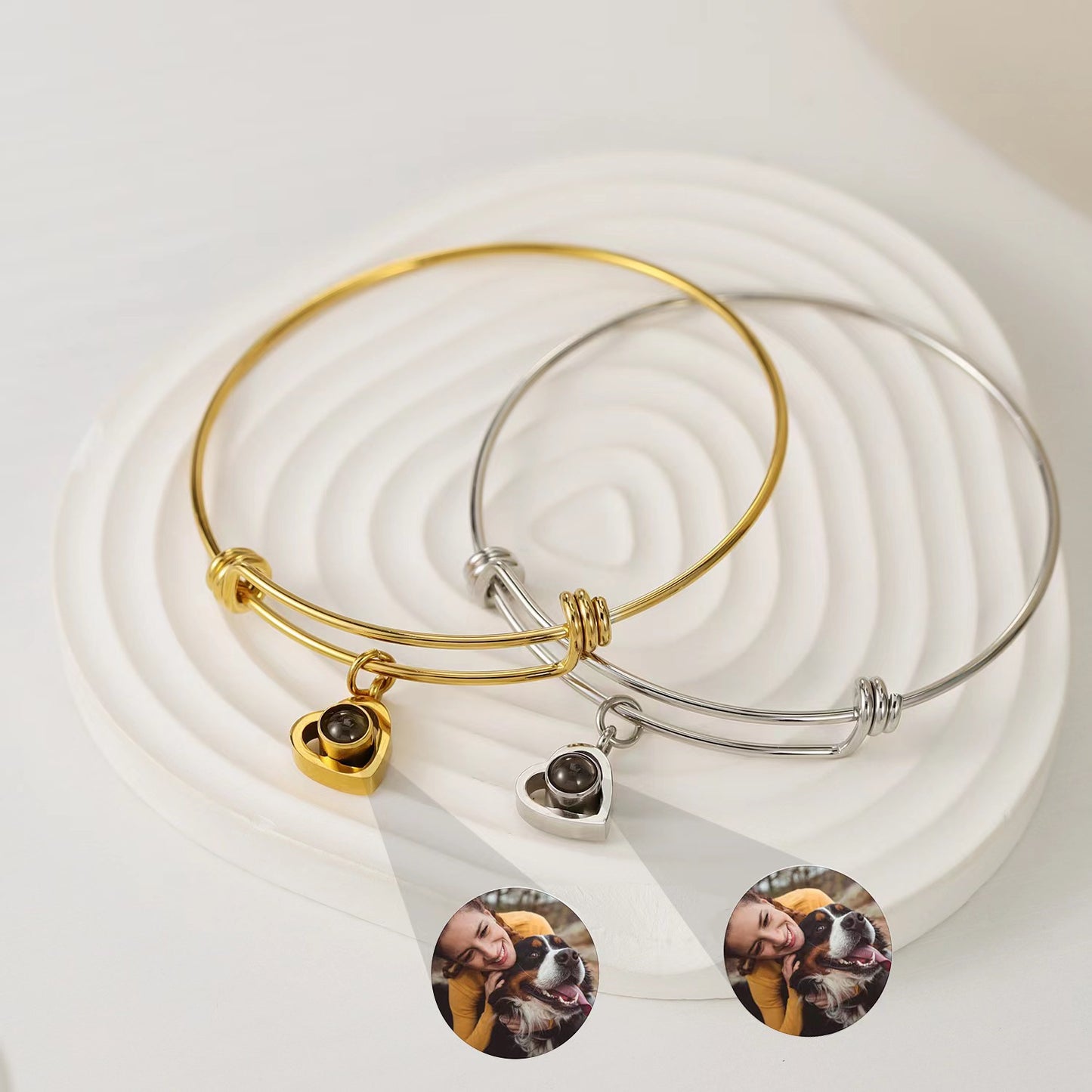 New adjustable stainless steel bangle with custom photo and text, perfect for Christmas gifts.
