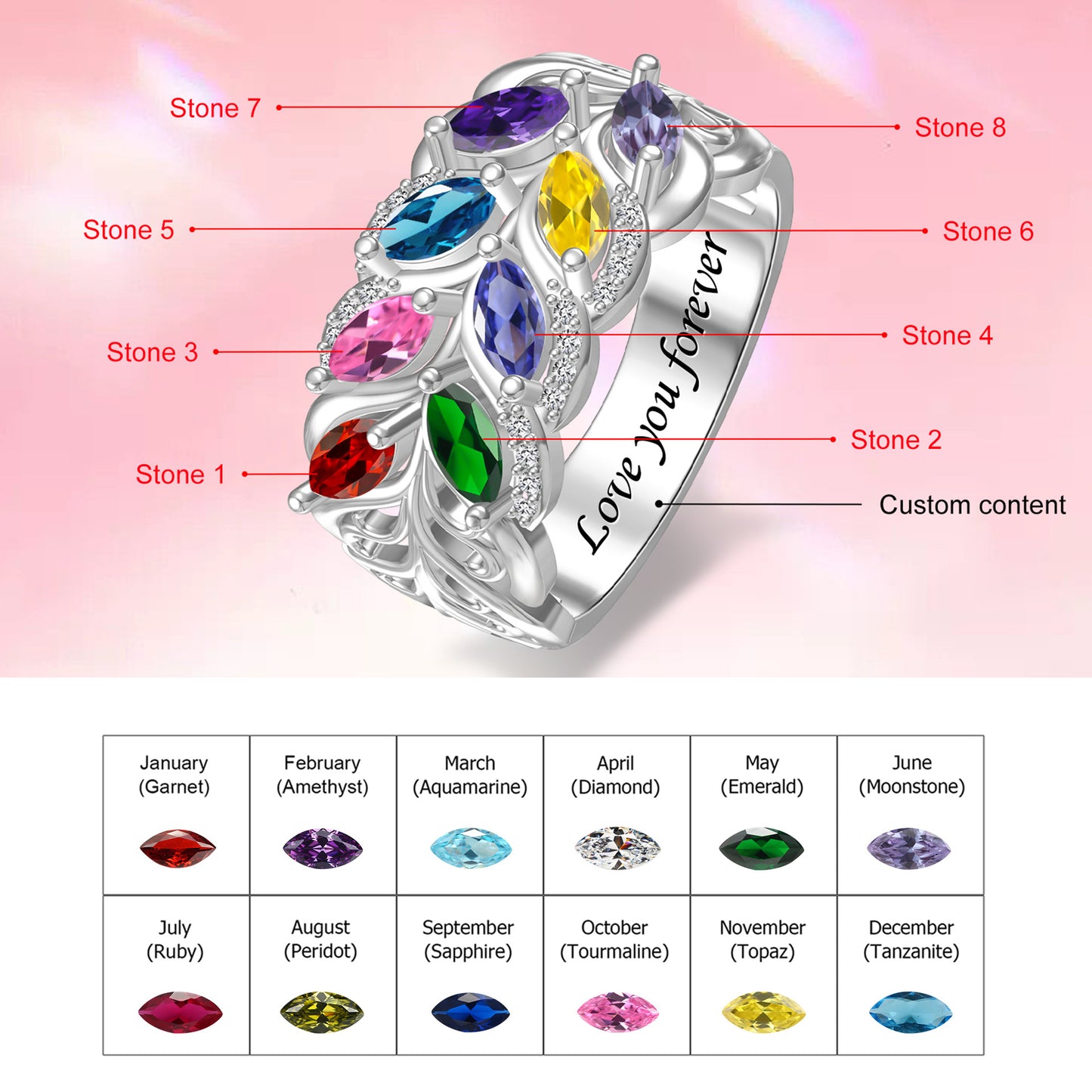 Marquise 12 birthstone name ring, custom engraving available. Perfect birthday gift