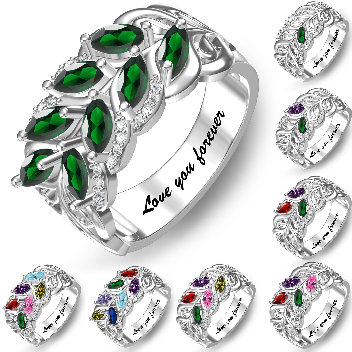 Marquise 12 birthstone name ring, custom engraving available. Perfect birthday gift